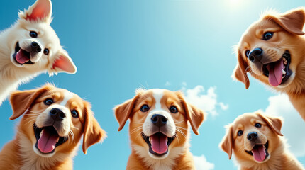 Five playful puppies are gathered together, their tails wagging excitedly as they enjoy a sunny day. Their happy expressions reflect the joy of friendship and play