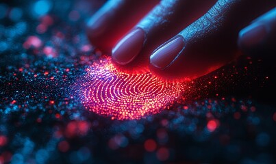 A close-up of a fingertip scanning a digital fingerprint, with glowing red lines and a blue-tinged background.