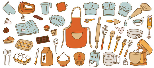 Colorful Collection of Baking Accessories. Set of Kitchen Accessories for Cooking in Doodle Style on White Background. Vector. 