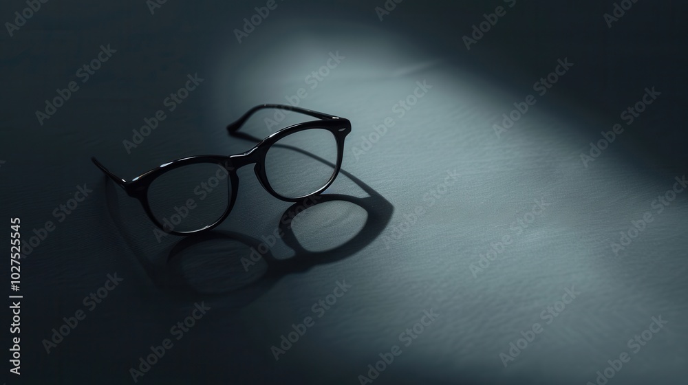 Fototapete Eyeglasses placed on a dark tabletop catch a warm light, creating shadows that enhance the serene atmosphere of the room. Generative AI