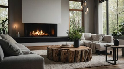Fireplace against white sofa and rustic wooden coffee table. Scandinavian style home interior design of modern living room