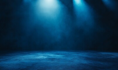 A dark blue background with spotlights and smoke.