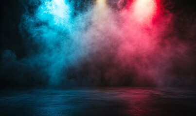 A dark studio background with smoke and colorful spotlights.