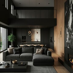 Minimalist interior design of modern apartment, living room with barn wood paneling wall.