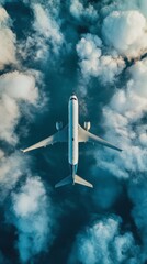 Fototapeta premium Airplane Flying Through White Clouds in Blue Sky
