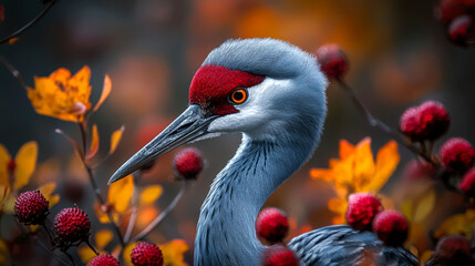 Naklejka premium A close-up portrait of a sandhill crane with a red crown, standing amongst fall foliage and berries.