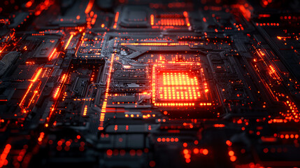 Obraz premium A close-up view of a glowing red circuit board with a central processor.