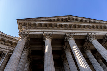 Looking up view of Gothic Stone Pillars at the gate of Kazan Cathedral at St. Petersburg, Russia.