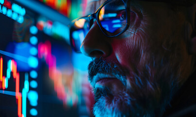 Senior market analyst studying data on computer displays