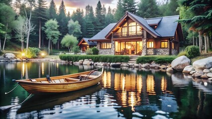 a lonely house, illuminated in the coming darkness, on the shore by the lake with a moored boat at the shore
