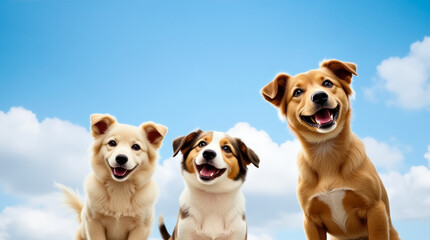 Three playful dogs stand side by side, beaming with joy against a backdrop of fluffy clouds and a vibrant blue sky, enjoying a cheerful day outside