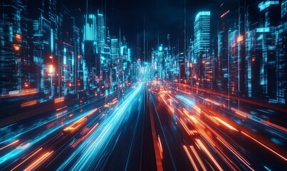 Fototapeta premium A futuristic city skyline with glowing lines and streaks of light. The city is illuminated with vibrant neon lights and the streets are filled with fast-moving cars.