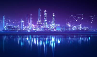 Obraz premium A futuristic cityscape with glowing neon lights and a network of connected dots, reflected in a body of water.