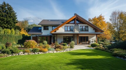 Family home with energy-efficient features, showcasing a home equipped with insulated windows, energy-saving appliances, and smart thermostats, representing cost-effective, eco-friendly living.