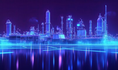 Fototapeta premium A futuristic industrial complex is depicted as a glowing, blue outline against a dark purple background with a reflective blue surface in the foreground.