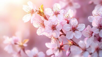 Obraz premium Delicate cherry blossom flowers in soft pink hues, illuminated by gentle sunlight, creating a serene and enchanting spring atmosphere.