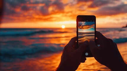 A person takes a photo of a vibrant sunset over the ocean using a smartphone, capturing the beautiful colors reflected in the sky and water.