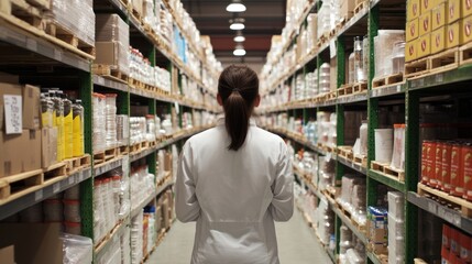 Female warehouse leader in food distribution, featuring a professional woman overseeing the logistics of food supply chains, managing storage, quality control, and distribution in the food industry.