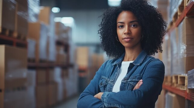Female entrepreneur managing a warehouse, showcasing a woman-owned business leader handling warehouse operations, managing staff, and overseeing logistics for her growing enterprise.