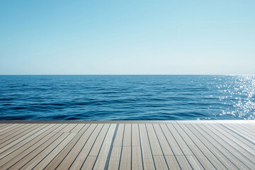 Obraz premium A photograph of the deck from behind, looking out over an ocean view on a luxury yacht in white and wood with no people, a blue sky, clean and minimalistic, bright, taken during the day