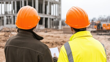 Two construction workers observing a building site with orange helmets.