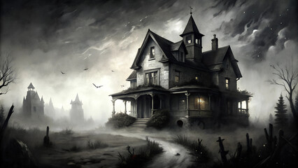 Creepy black and white haunted house in a foggy landscape, full moon and bats, eerie atmosphere, Halloween theme, copy space
