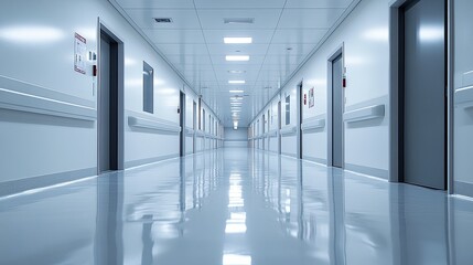 A long, empty hallway with white walls and a shiny floor. There are doors on both sides of the hallway and a light at the end of the hall.