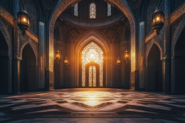 Obraz premium Luxurious Islamic interior with intricate geometric patterns on the walls