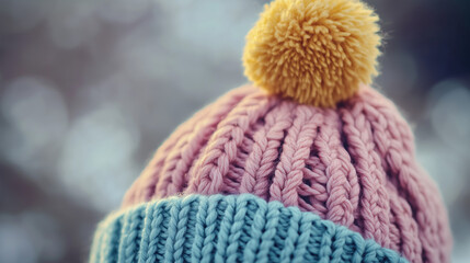 Close-up. Colorful knitted hat with pom-poms.