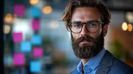 Obraz premium A confident young businessman with a beard and glasses looks directly at the camera in an office setting.