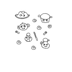 cute cartoon dishes, funny characters, black and white drawing, doodle