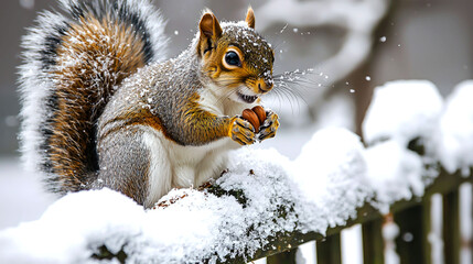 Fototapeta premium A cute squirrel sitting on a snow-covered fence, eating a nut, with snow falling around it.