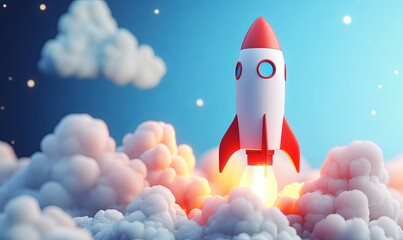 A red and white cartoon rocket takes off from a cloud, with a blue sky and stars in the background.