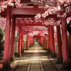 Fototapeta premium A serene path lined with vibrant cherry blossoms and traditional red torii gates, creating a tranquil atmosphere reminiscent of Japanese culture.