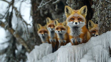 A family of red foxes peers out from behind a frozen waterfall, their fur blending with the snowy backdrop.