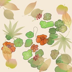 delicate autumn pattern, nasturtium and fallen tree leaves