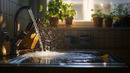 Leaking Kitchen Faucet with Water Pooling in Sink