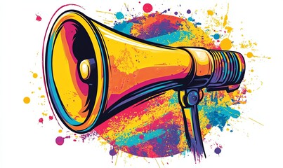 A stylized illustration of a yellow megaphone with colorful paint splatter background.