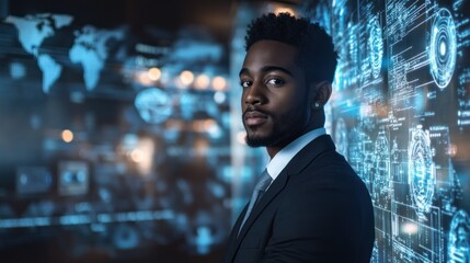Handsome African American in tech industry, featuring a confident professional in a modern tech environment,