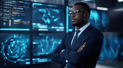 Handsome African American in tech industry, featuring a confident professional in a modern tech environment, 