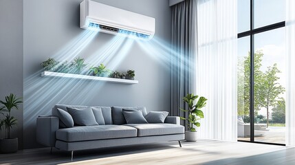 Modern living room large window right side has Energy efficient air conditioner