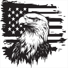 Black and white vector graphic of an american flag with the head of bald eagle in front, t-shirt design flat illustration.