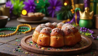 Colorful King Cake with Traditional Mardi Gras Decorations on Festive Table Setting