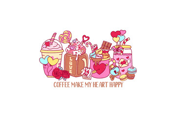 Coffee make my heart happy, Retro Coffee Valentine PNG Sublimation Design