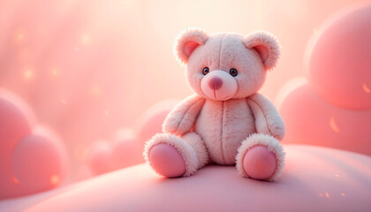 Obraz premium Cute pink teddy bear smiling happily against dreamy pastel background