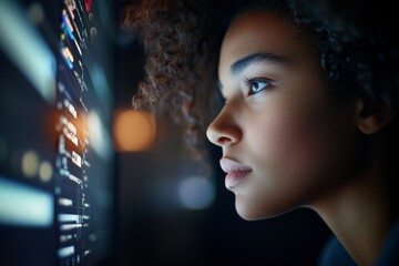 Young woman curly hair looking intently computer screen