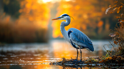 Naklejka premium A great blue heron stands on a log in a misty lake at sunrise.