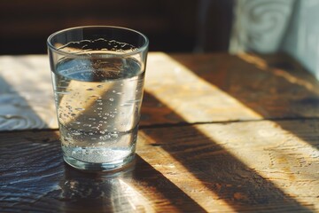 Glass of fresh water on sunlit rustic table