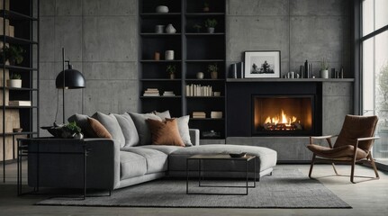 Grey corner sofa against shelving wall unit and fireplace