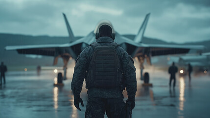 Obraz premium A dramatic shot of an American soldier walking towards the F35 jet, rainy and cloudy, 4k, sharp look, dramatic and cinematic shot.